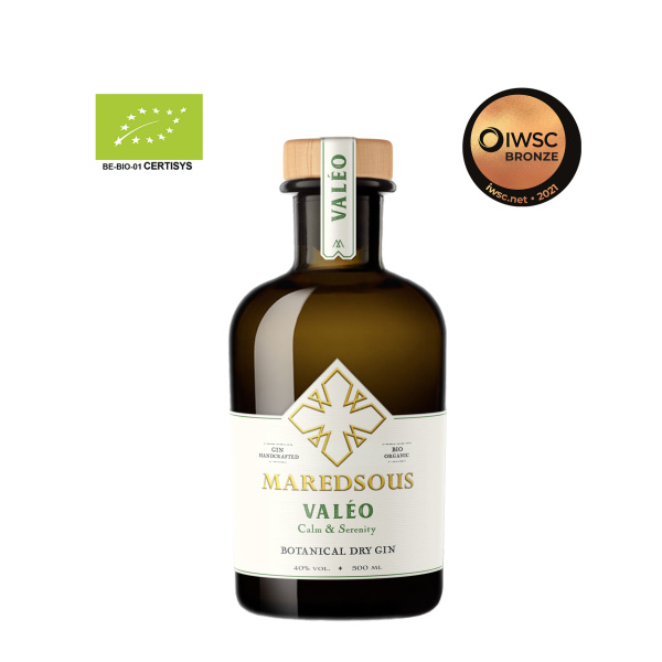 Bouteille de gin Valéo bio de la distillerie Maredsous